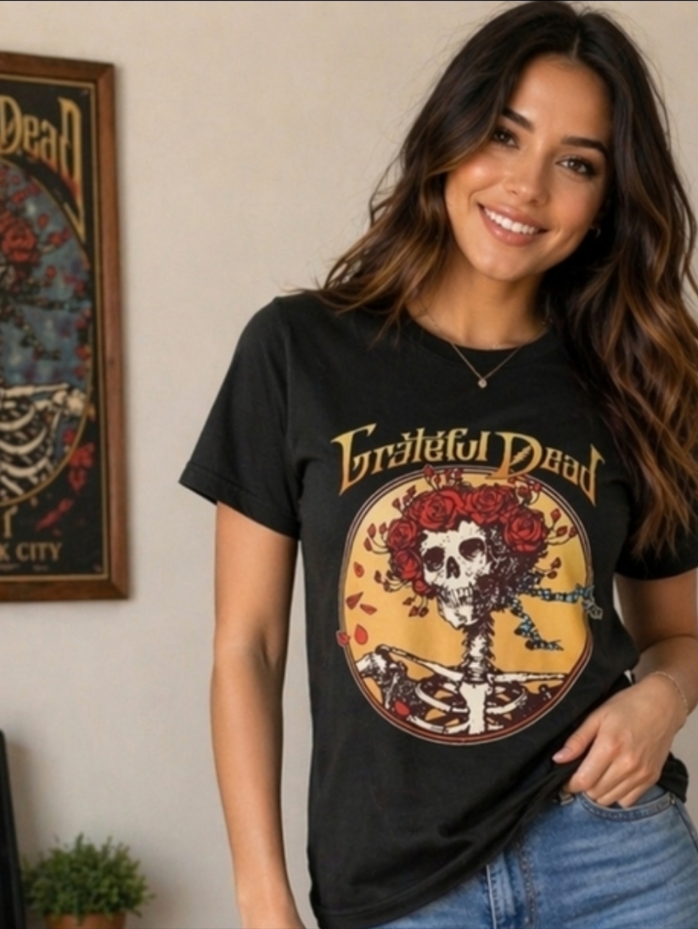 Grateful Dead Black Tee with Yellow & Red Skull Graphic